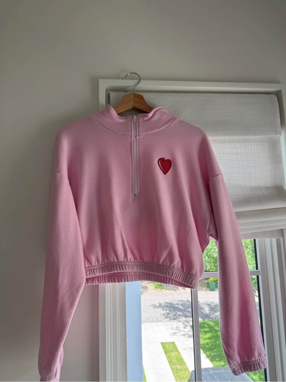 Roller Rabbit Pink Half-Zip Cropped Sweater with Red Heart